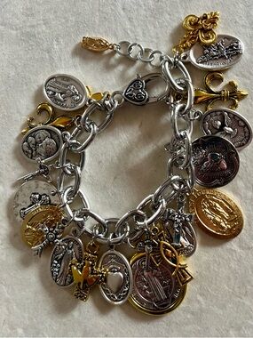 CHARM BRACELET St Benedict, Saints Silver Gold Tone Catholic Charm Bracelet